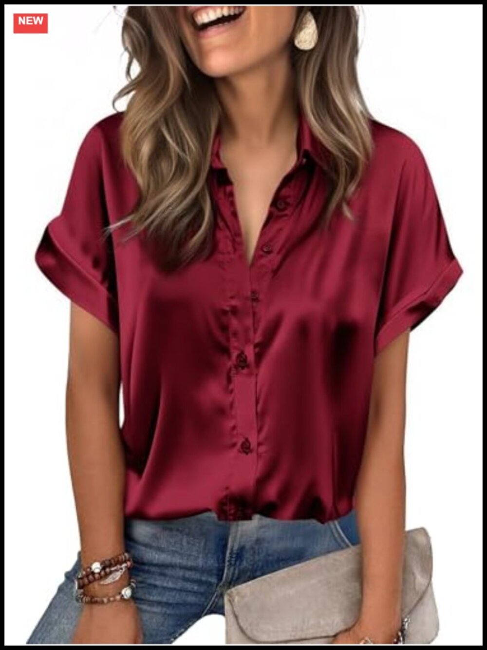 Satin Button Down Blouse – Short Sleeve V-Neck Tailored Office Top